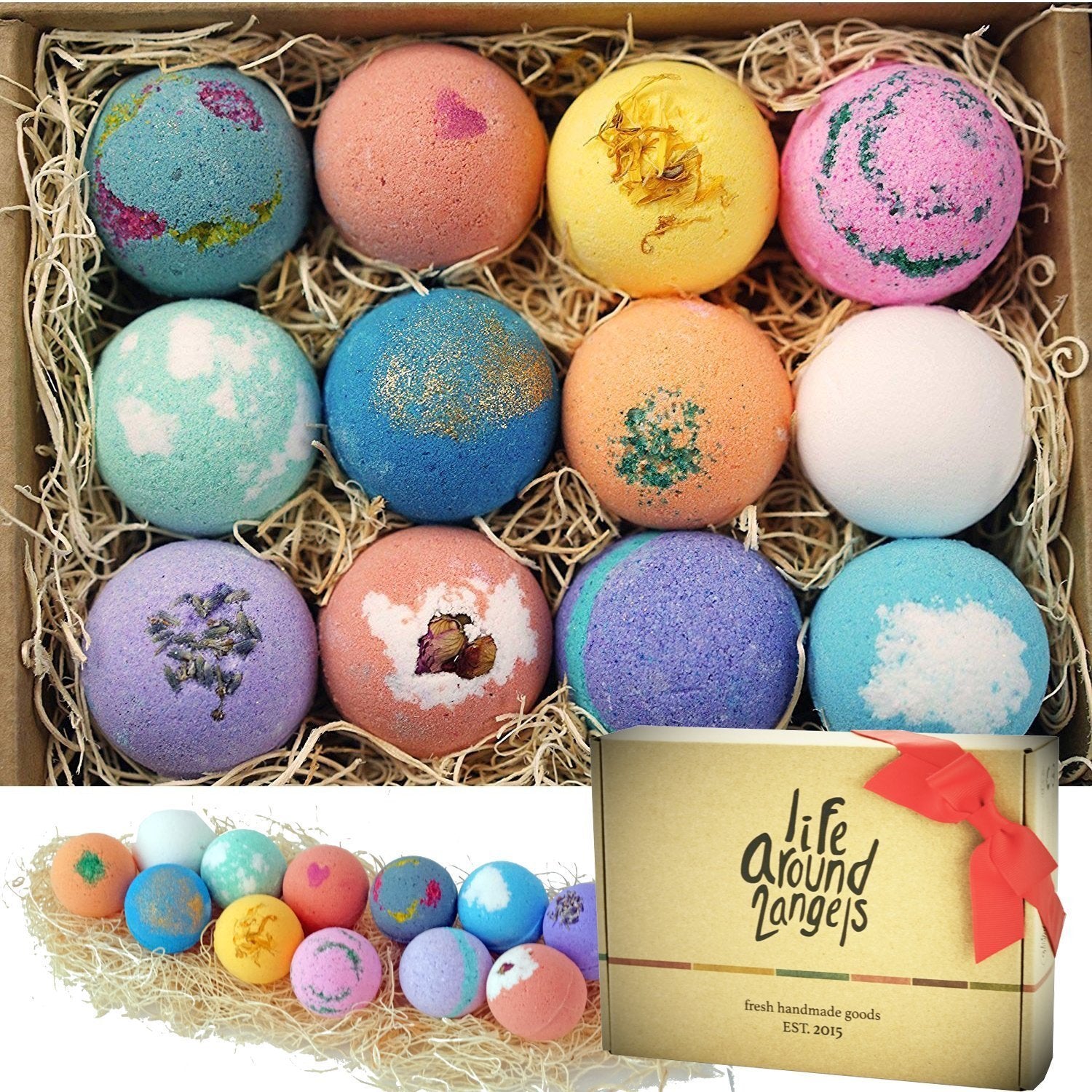 Lifearound2angels bath bombs gift set for spa at home—12 colorful fizzies.