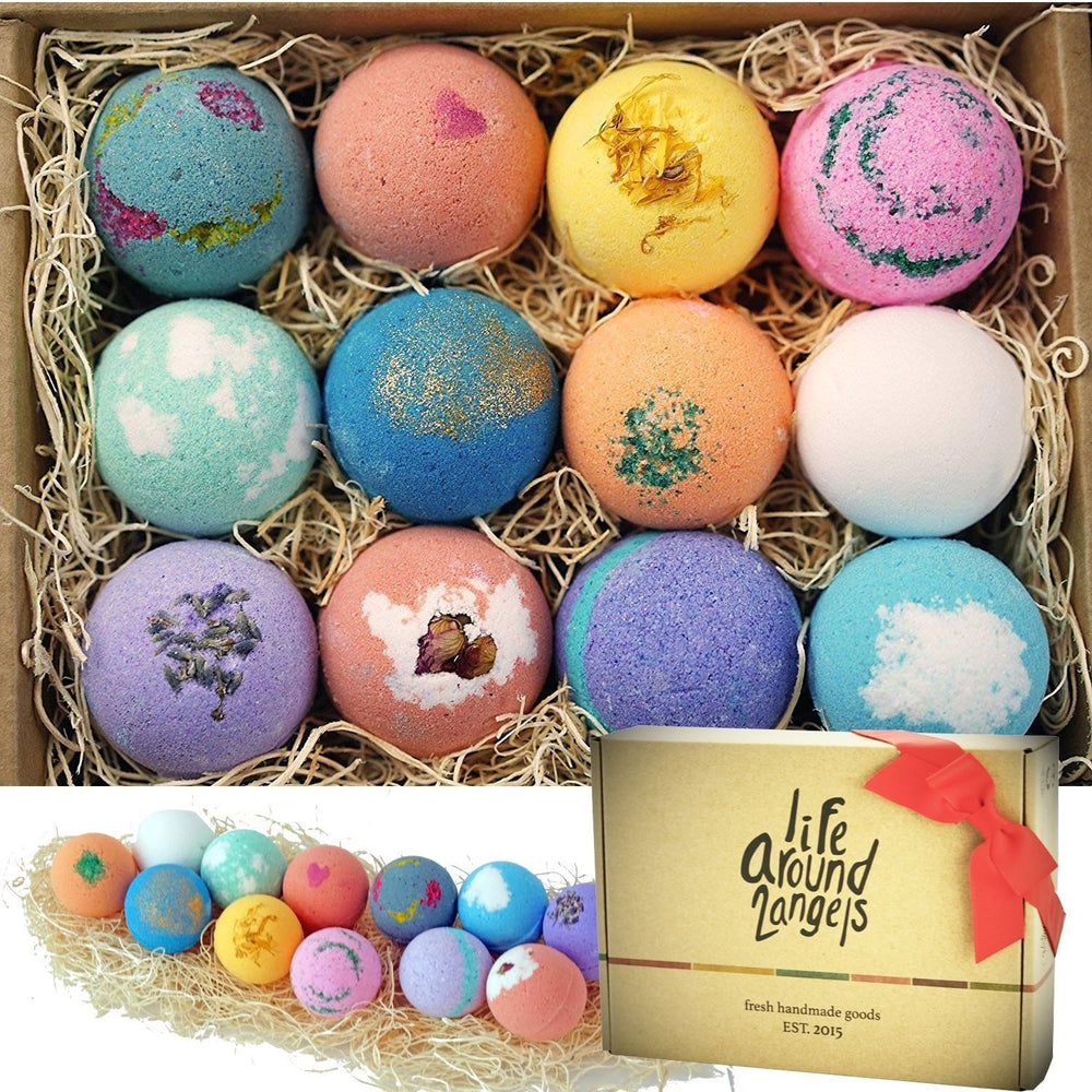 Lifearound2angels bath bombs gift set for spa at home—12 colorful fizzies.