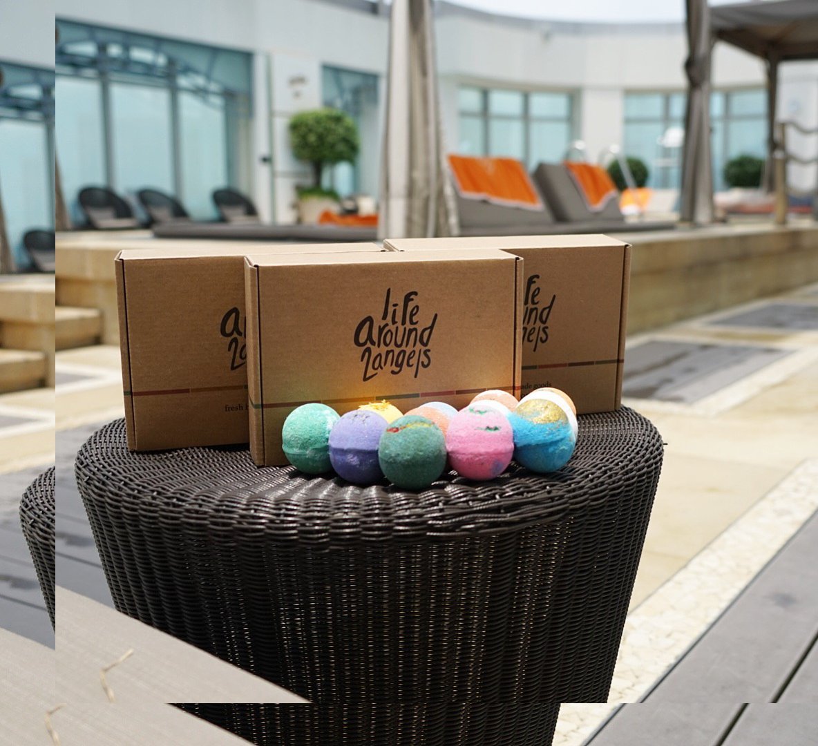 Lifearound2angels bath bombs in a spa scene for home relaxation.