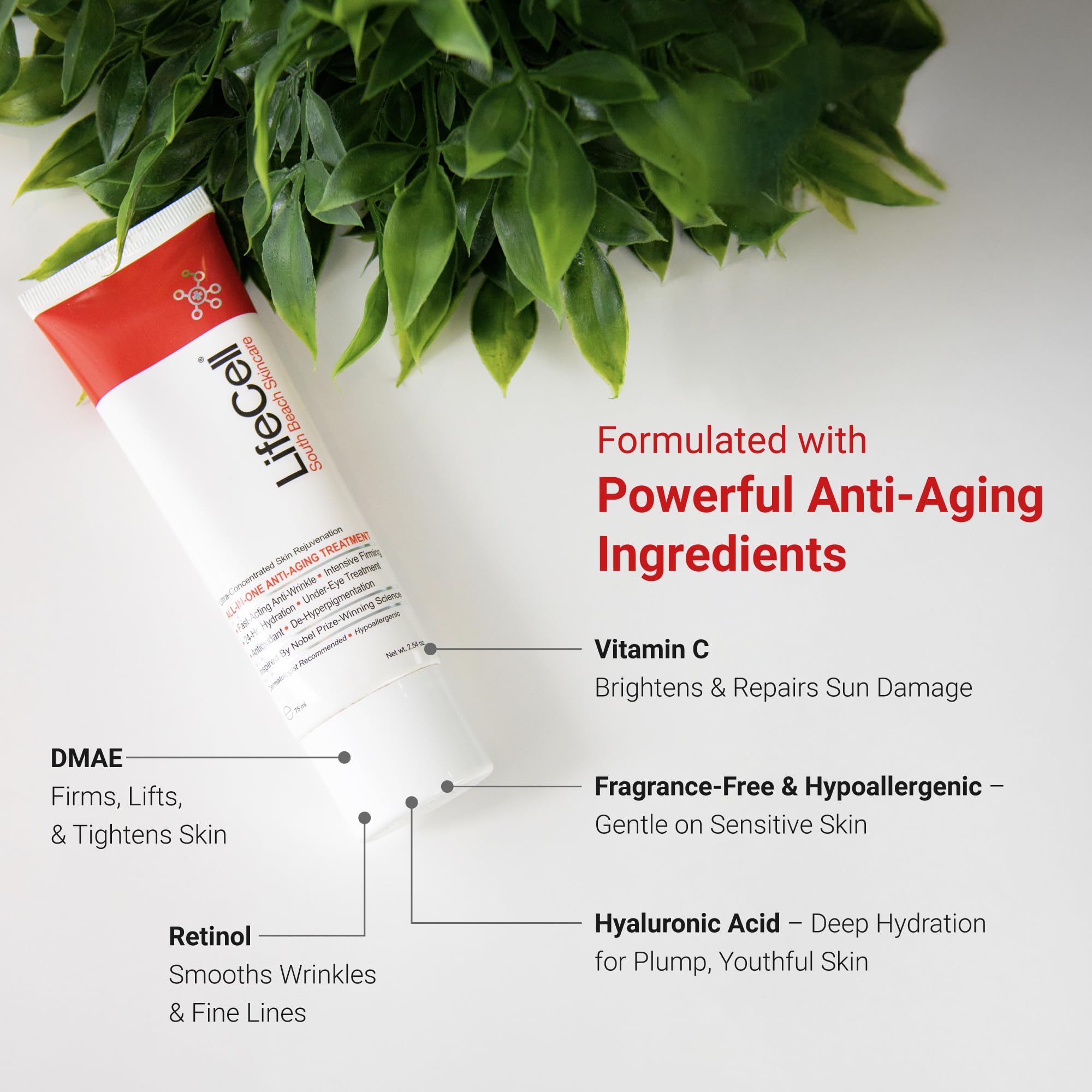 LifeCell ingredients DMAE vitamin C retinol hyaluronic acid highlight firming and glow
