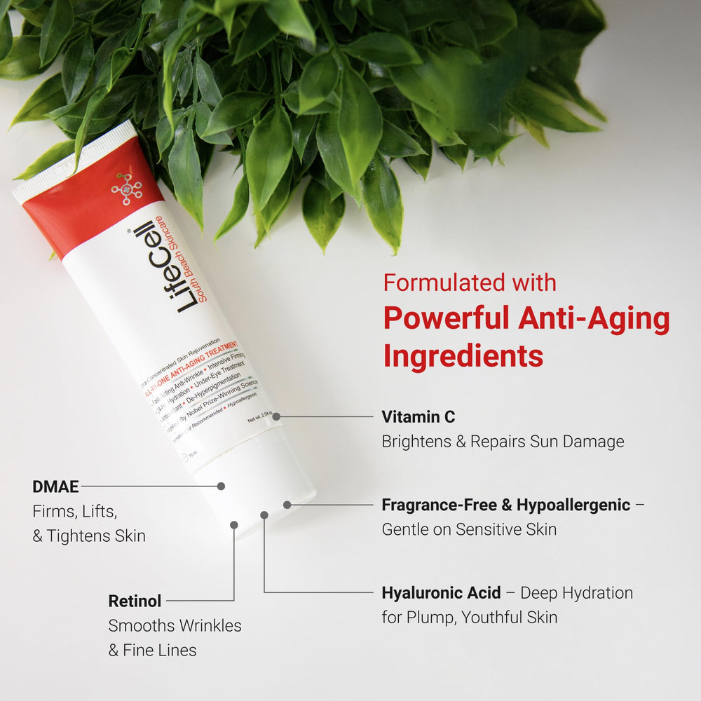 LifeCell ingredients DMAE vitamin C retinol hyaluronic acid highlight firming and glow