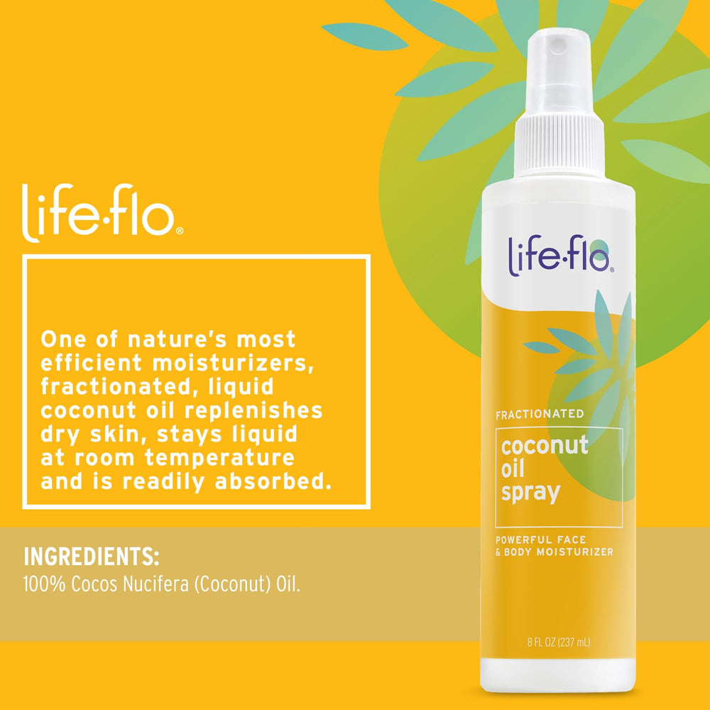 LifeFlo fractionated coconut oil spray mist demonstrates lightweight skincare in action.