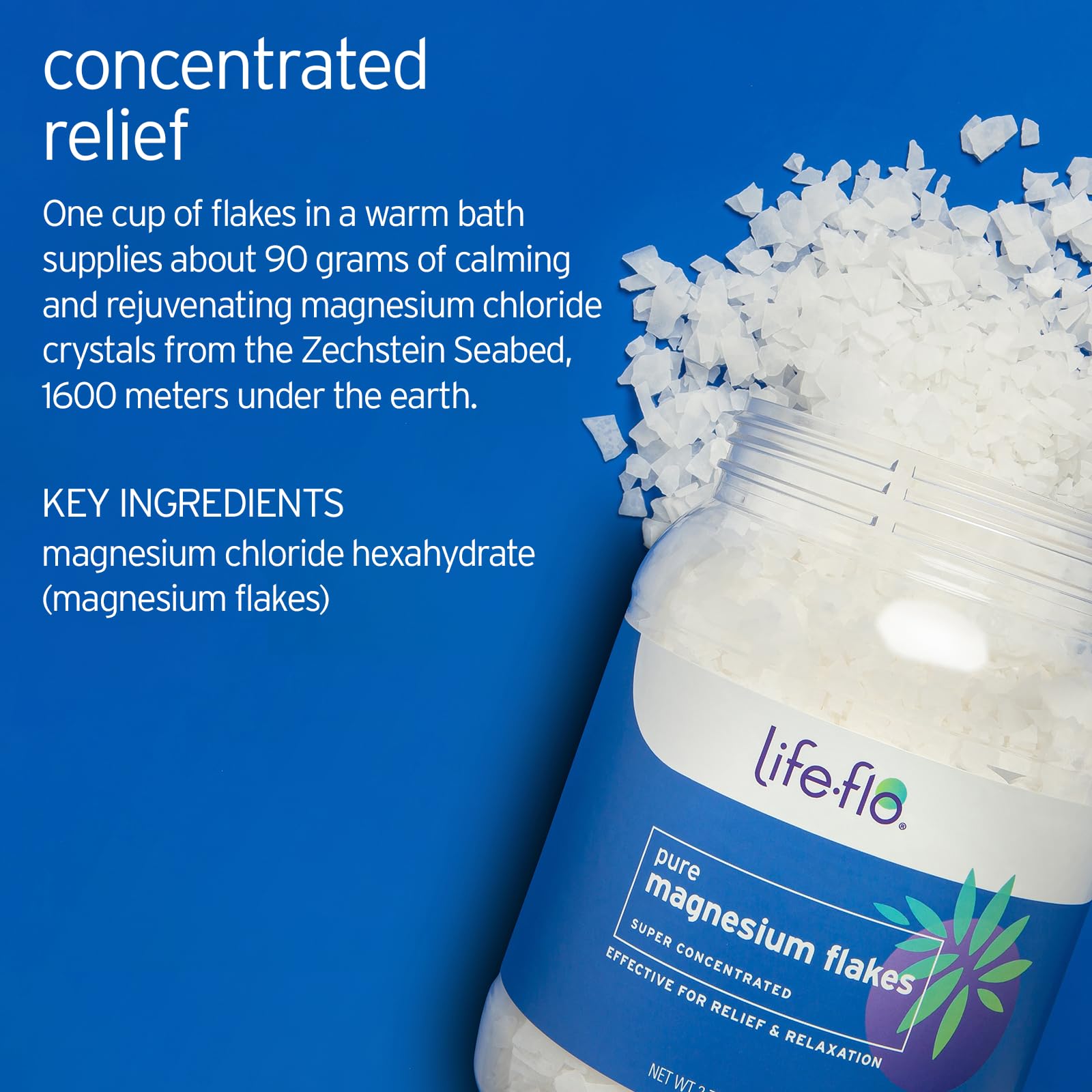 LIFE-FLO magnesium bath flakes in a tub for a fast-dissolving soothing soak.