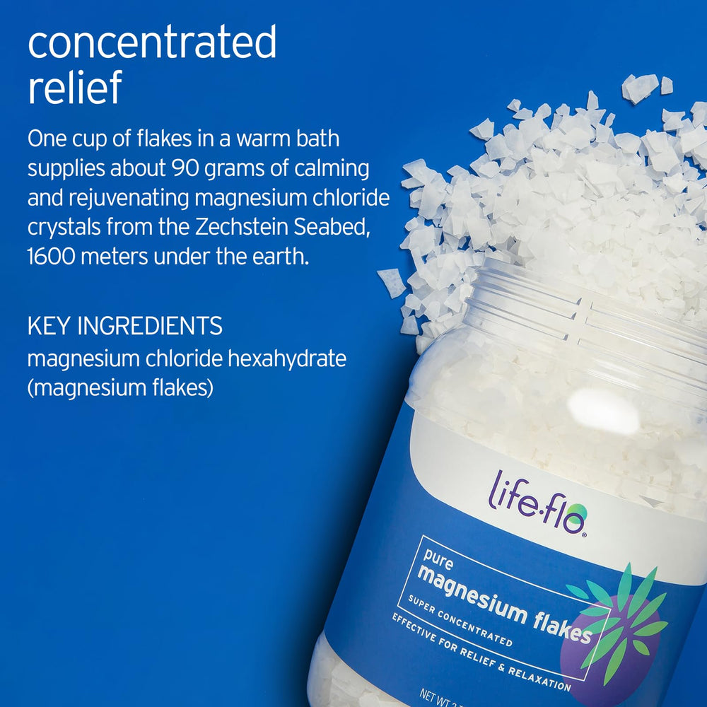 LIFE-FLO magnesium bath flakes in a tub for a fast-dissolving soothing soak.