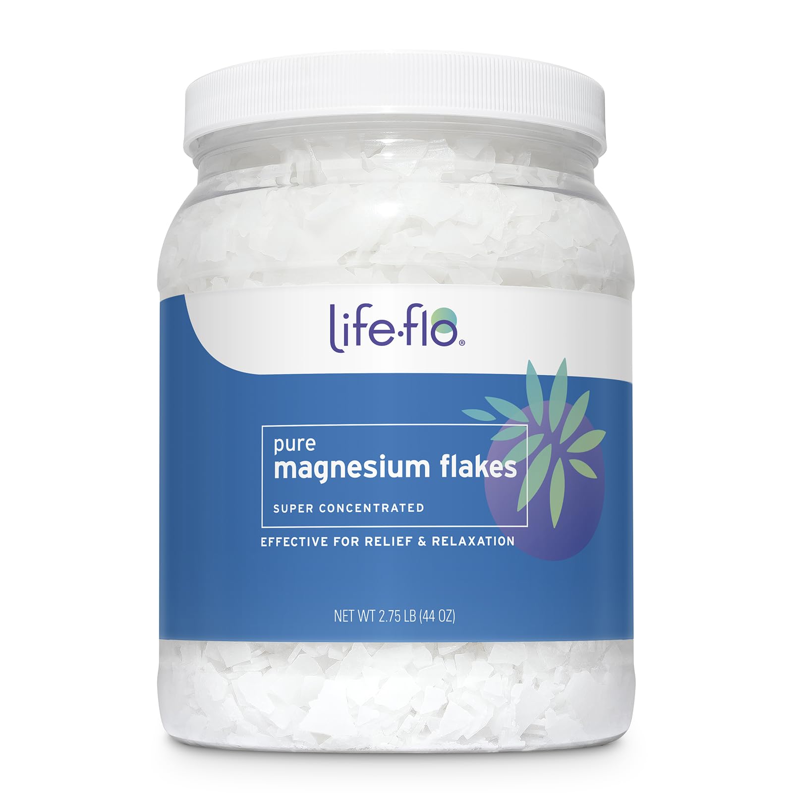 LIFE-FLO Pure Magnesium Bath Flakes jar-open showing unscented Zechstein source for relaxing spa-like baths.
