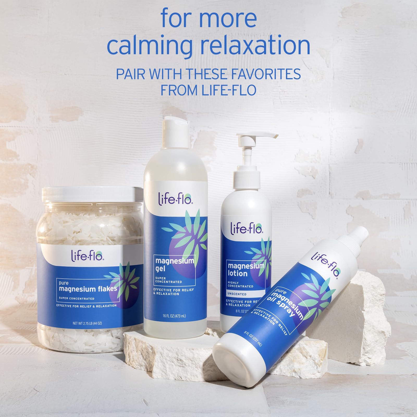 LIFE-FLO magnesium bath flakes ideal for a calming nighttime bath routine.