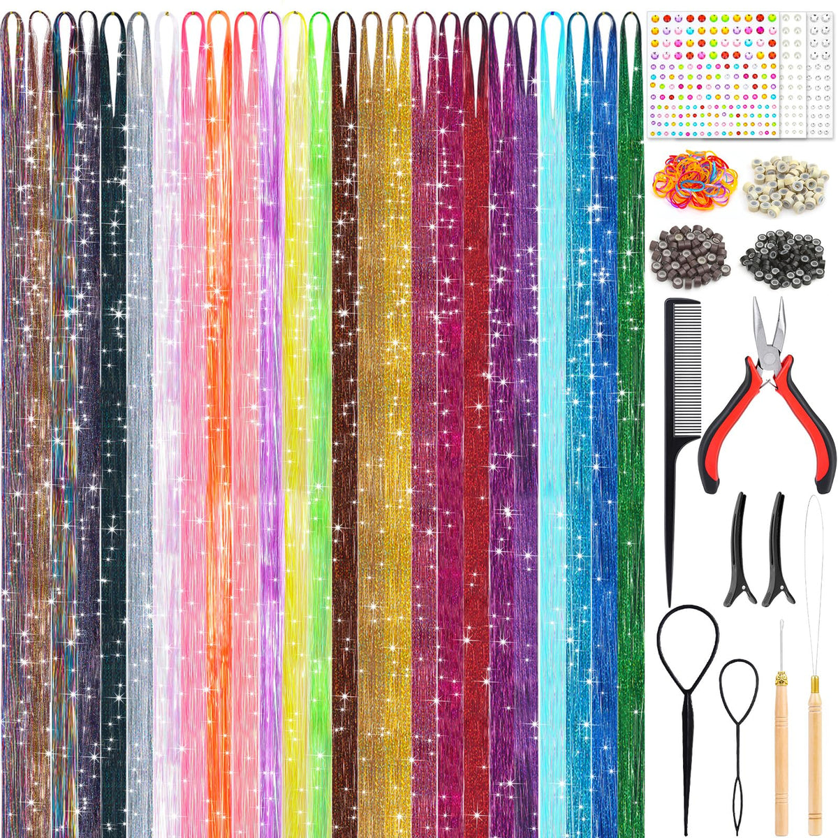 LifeisLuck 25colors fairy hair tinsels kit – vibrant color swatches for customizable party-ready looks.