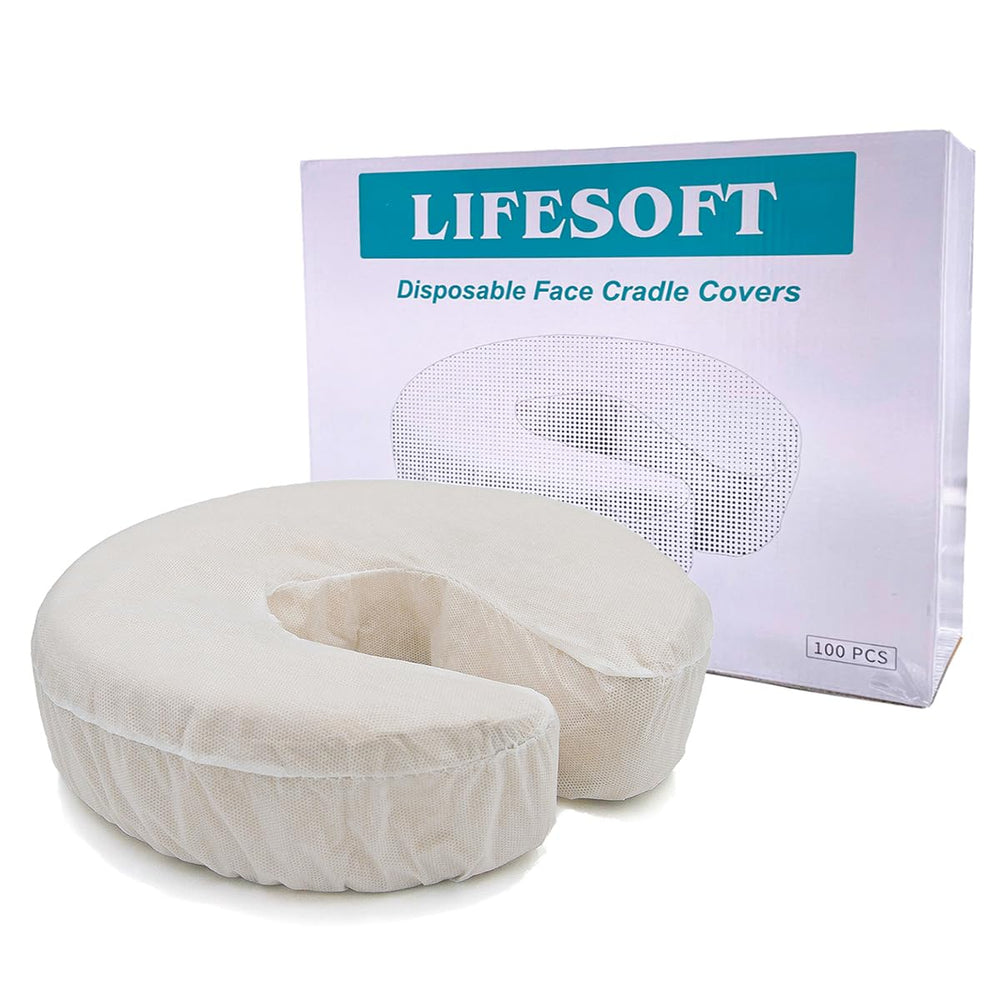 LIFESOFT disposable face cradle cover packaging highlights easy disposal for busy spas.