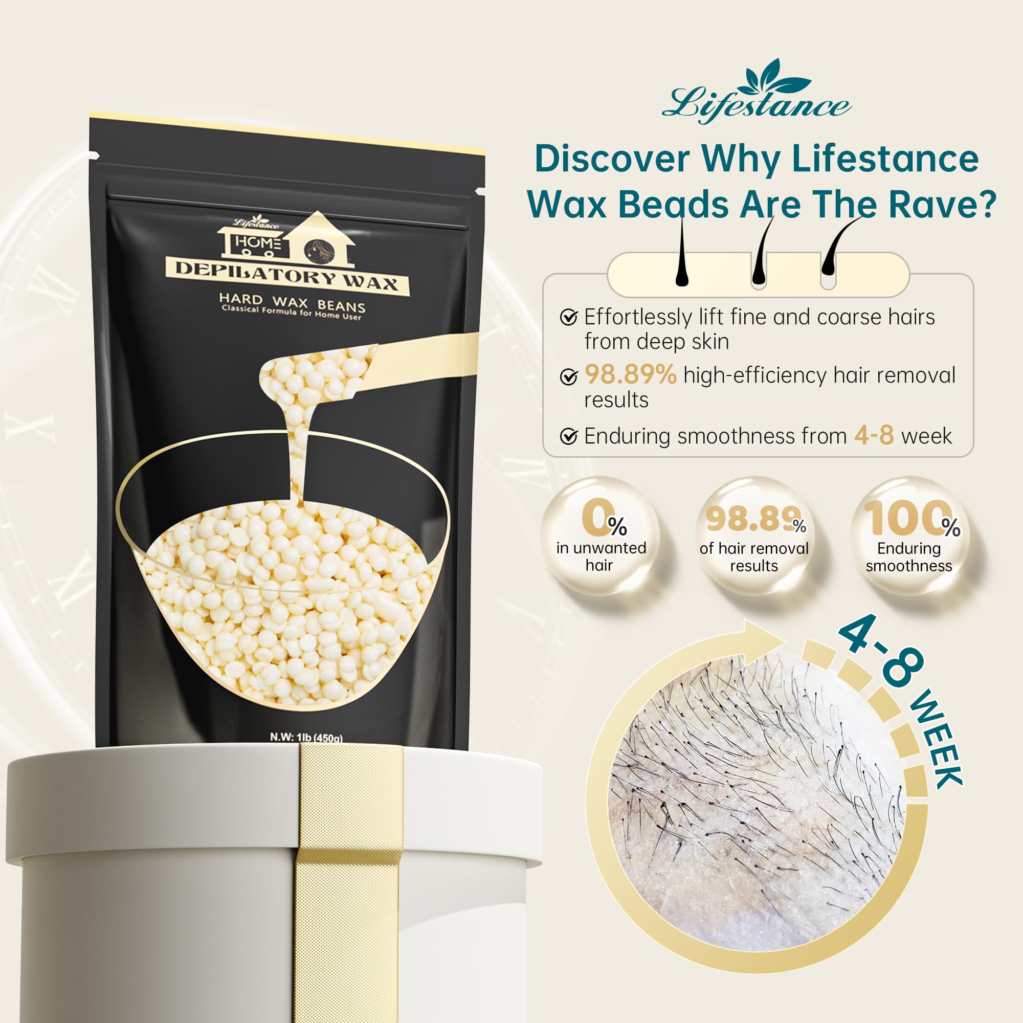 Lifestance hard wax beads facial application for gentle, precise removal of fine facial hair.