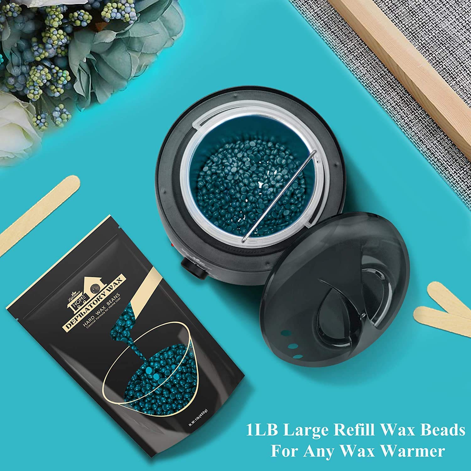 Lifestance Jasmine wax beads application close-up; smooth melting for comfortable waxing sessions.