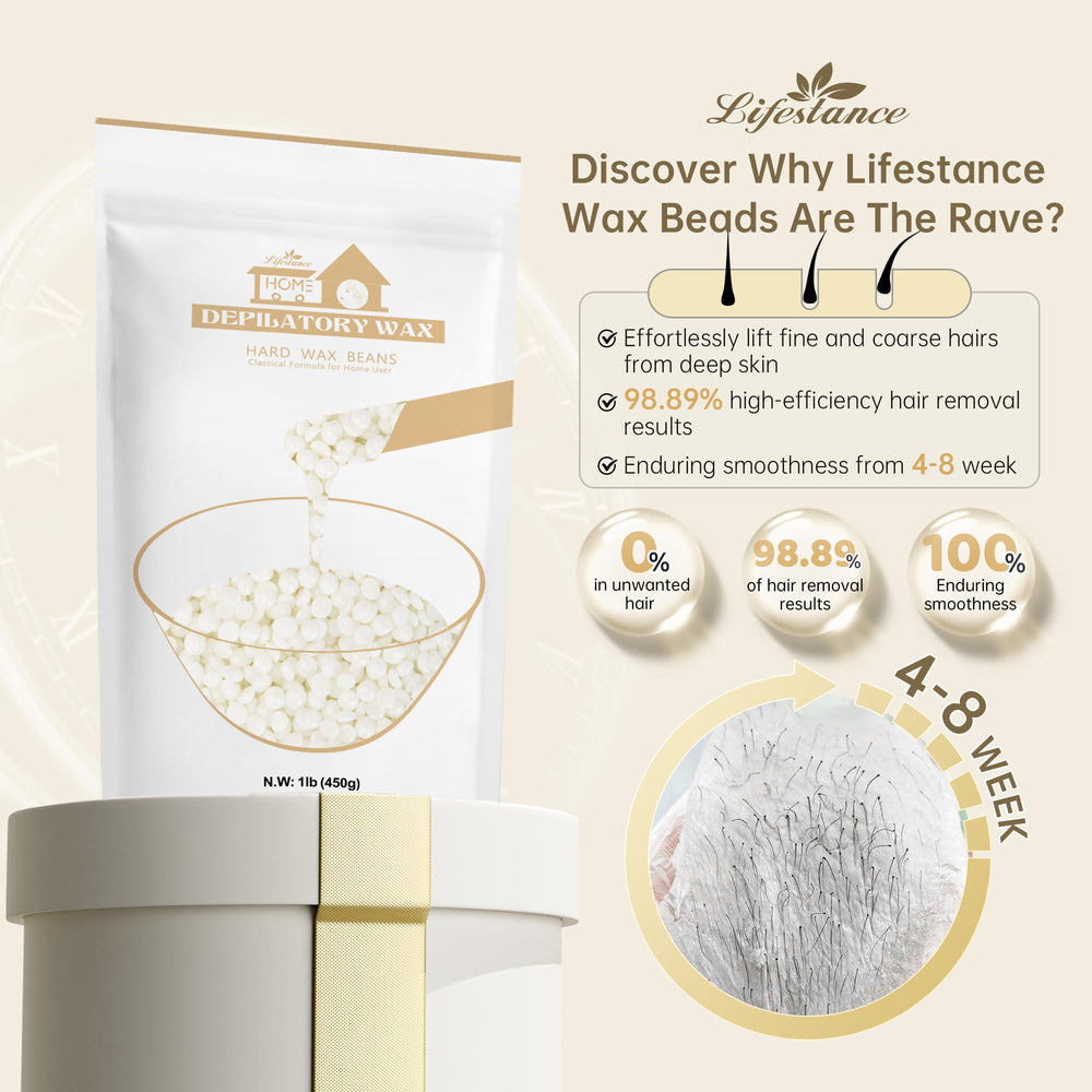 Lifestance Pearl White Wax Beads uncapped closeup highlighting low-temp melt for comfortable at-home waxing