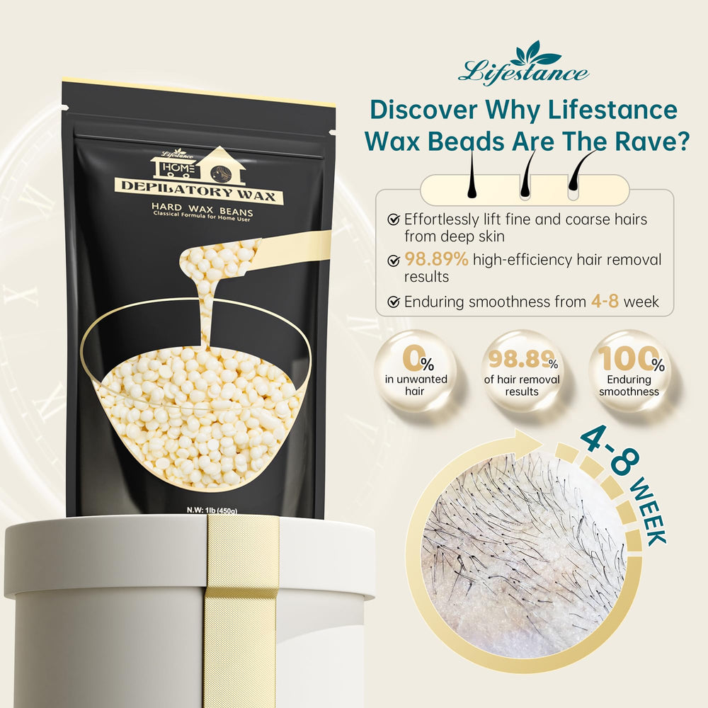 Lifestance wax beads dispensing jar close-up for gentle hair removal.