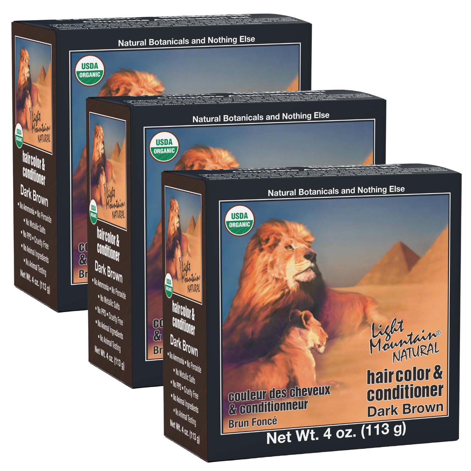 Light Mountain Henna Color bottle pour shows a gentle dye for natural dark brown shade