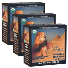 Light Mountain Henna Color bottle pour shows a gentle dye for natural dark brown shade
