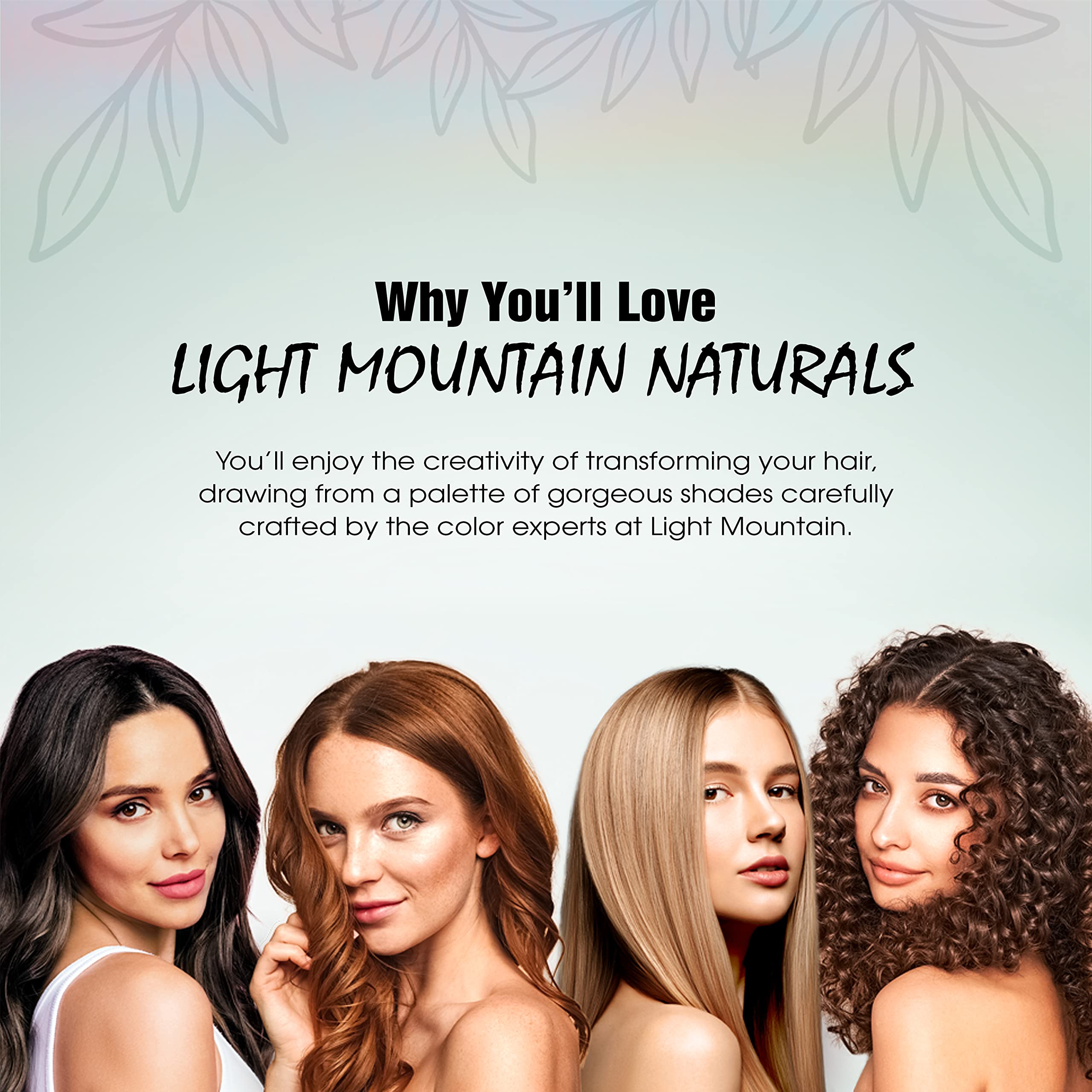 Light Mountain Henna Dye kit packaging illustrates plant-based color and conditioning without harsh additives