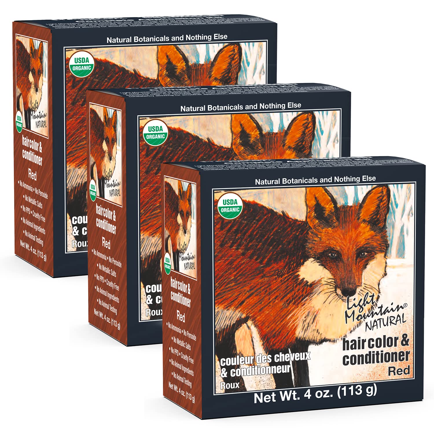 Light Mountain Henna Hair Color Pack3 front view for chemical-free, semi-permanent color.
