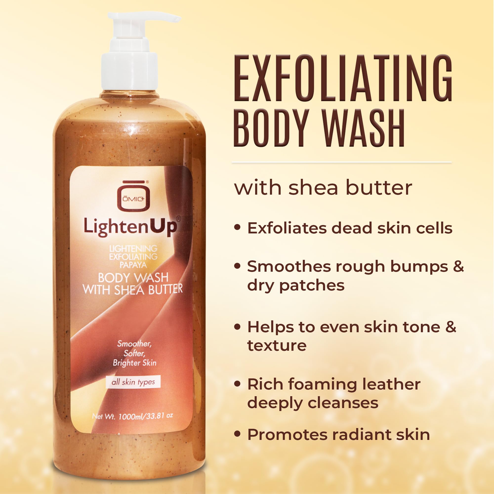 LightenUp bottle close-up showing Shea butter for skin comfort