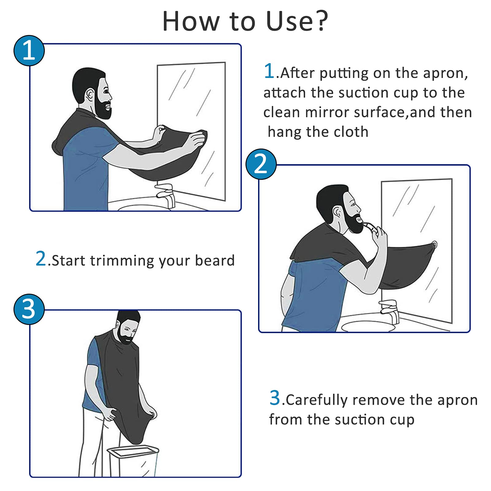 Beard bib with neck strap hooks for quick setup and removal