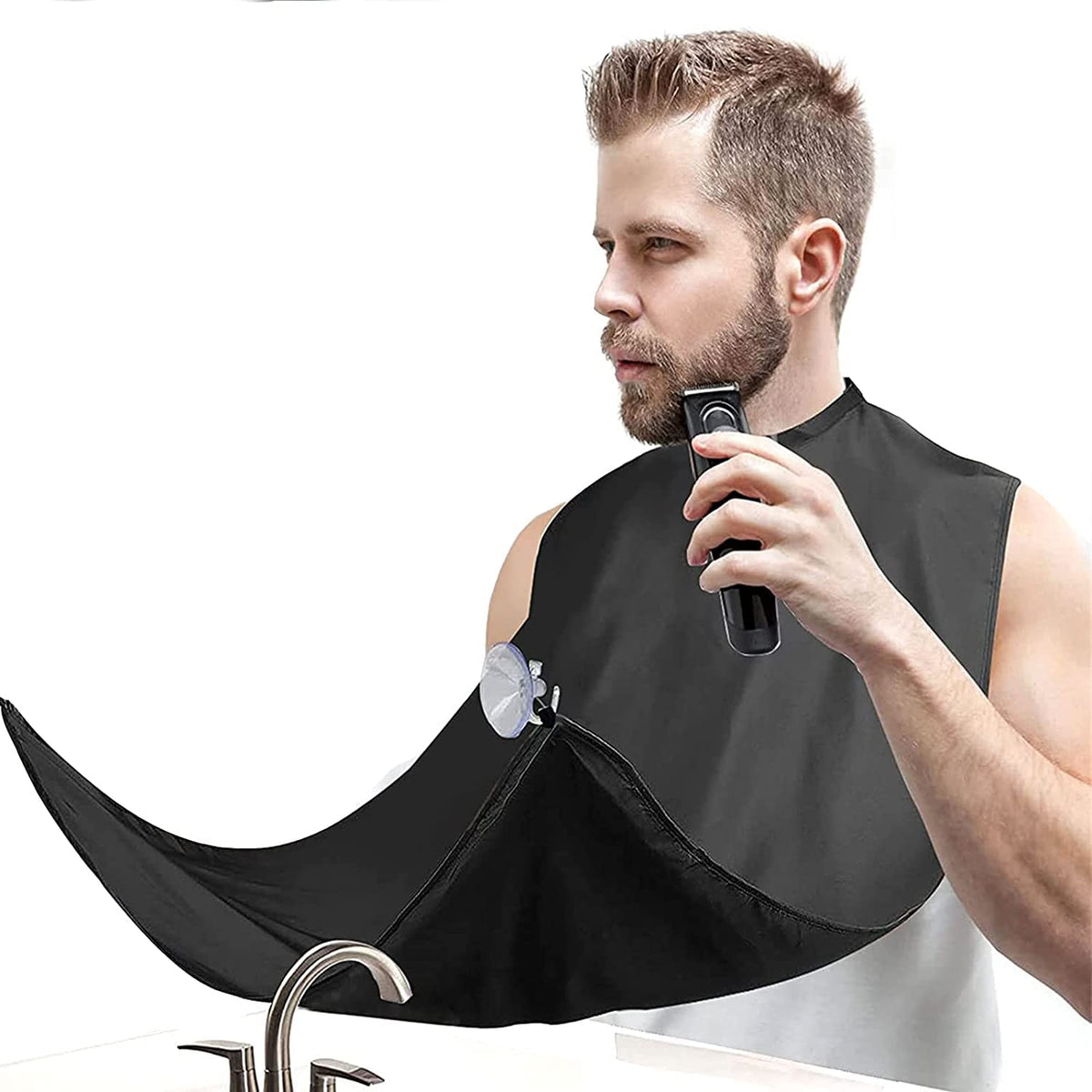 Likeny beard bib worn around the neck, catching hairs for a mess-free trim