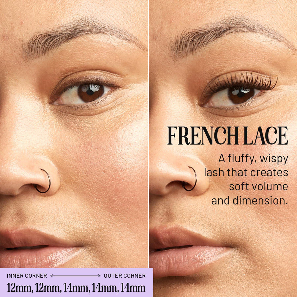 Lilac St French Lace 12mm variation demonstrates mixed-length lashes for subtle cat-eye enhancement