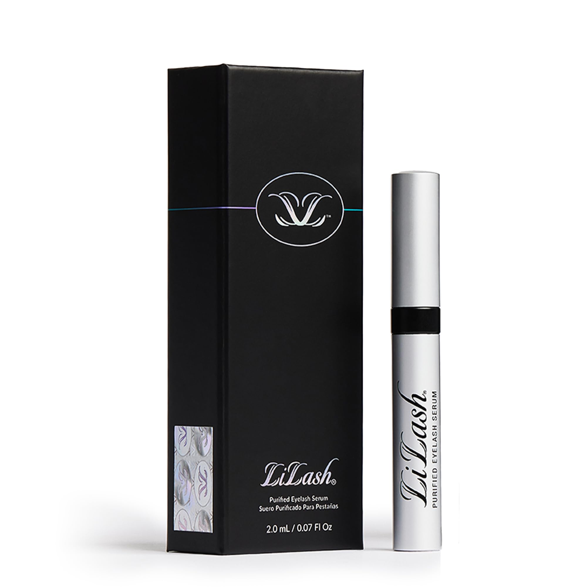 LiLash Purified Eyelash Serum bottle close-up showing growth-boosting formula for stronger lashes.