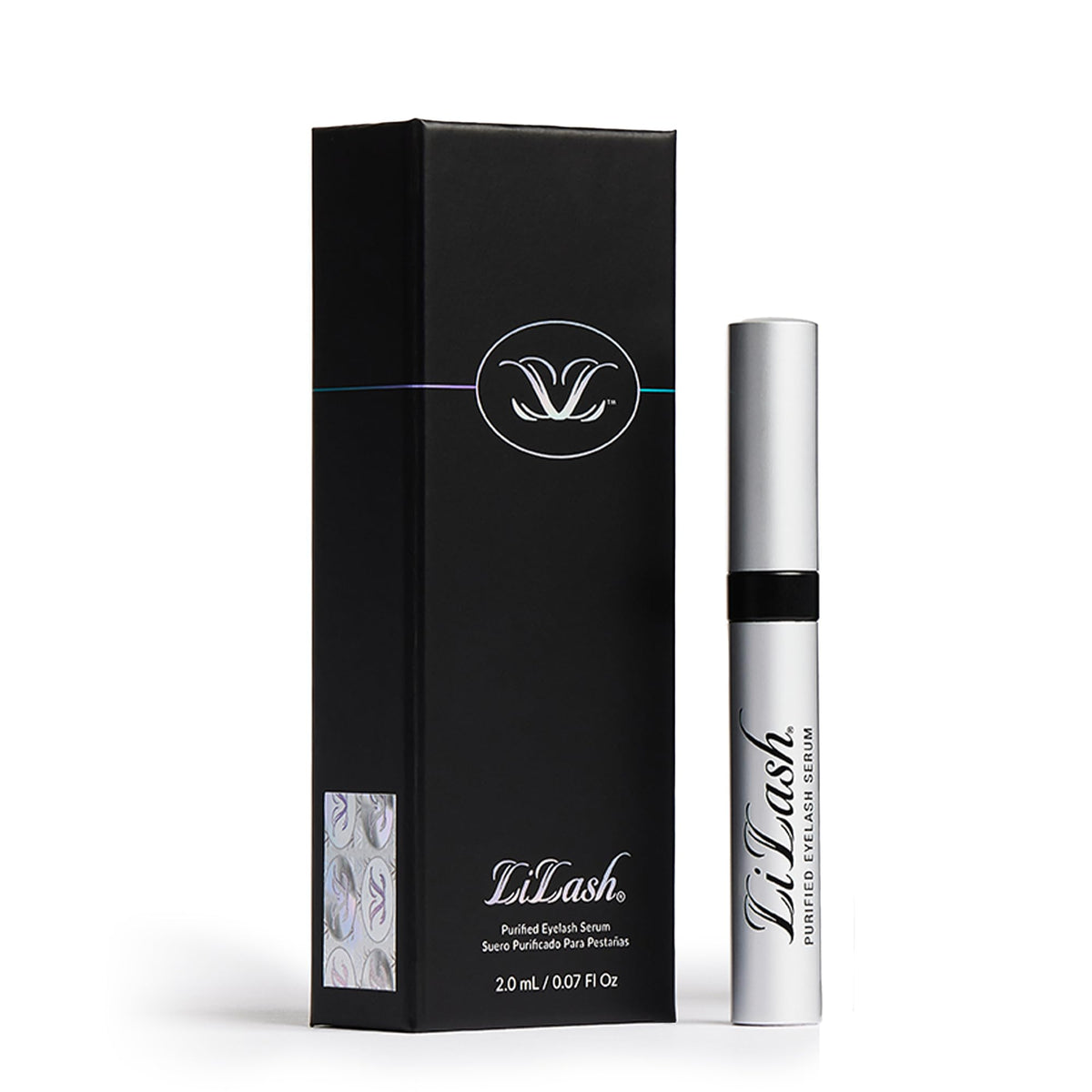 LiLash Purified Eyelash Serum bottle close-up showing growth-boosting formula for stronger lashes.