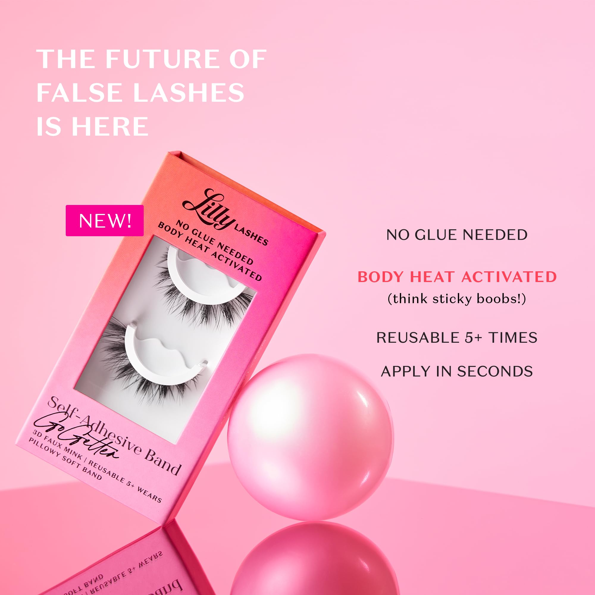 Lilly Lashes body-heat activated adhesive application closeup for quick lash placement.