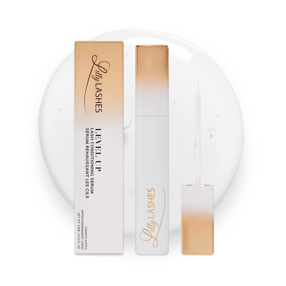 Lilly Lashes Level Up serum bottle highlights hydrating formula for fuller-looking lashes.