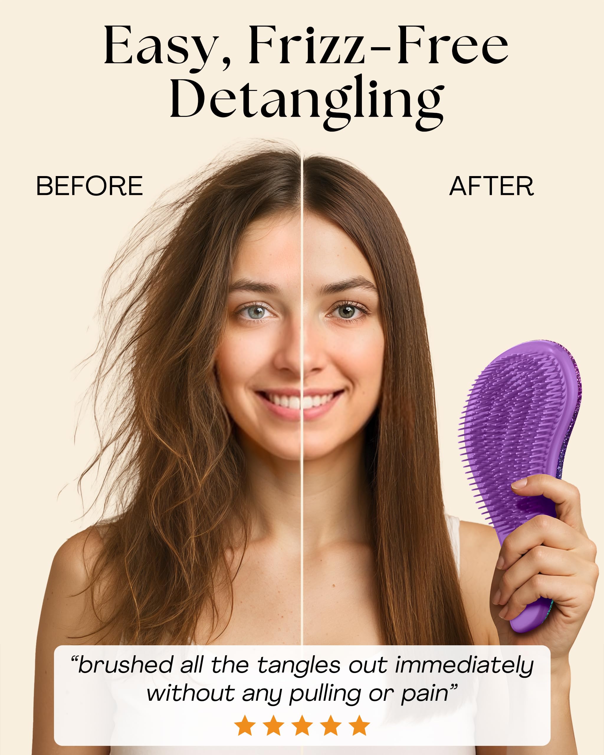 Lily England Detangler Brush close-up shows 400+ flexible bristles for gentle detangling.