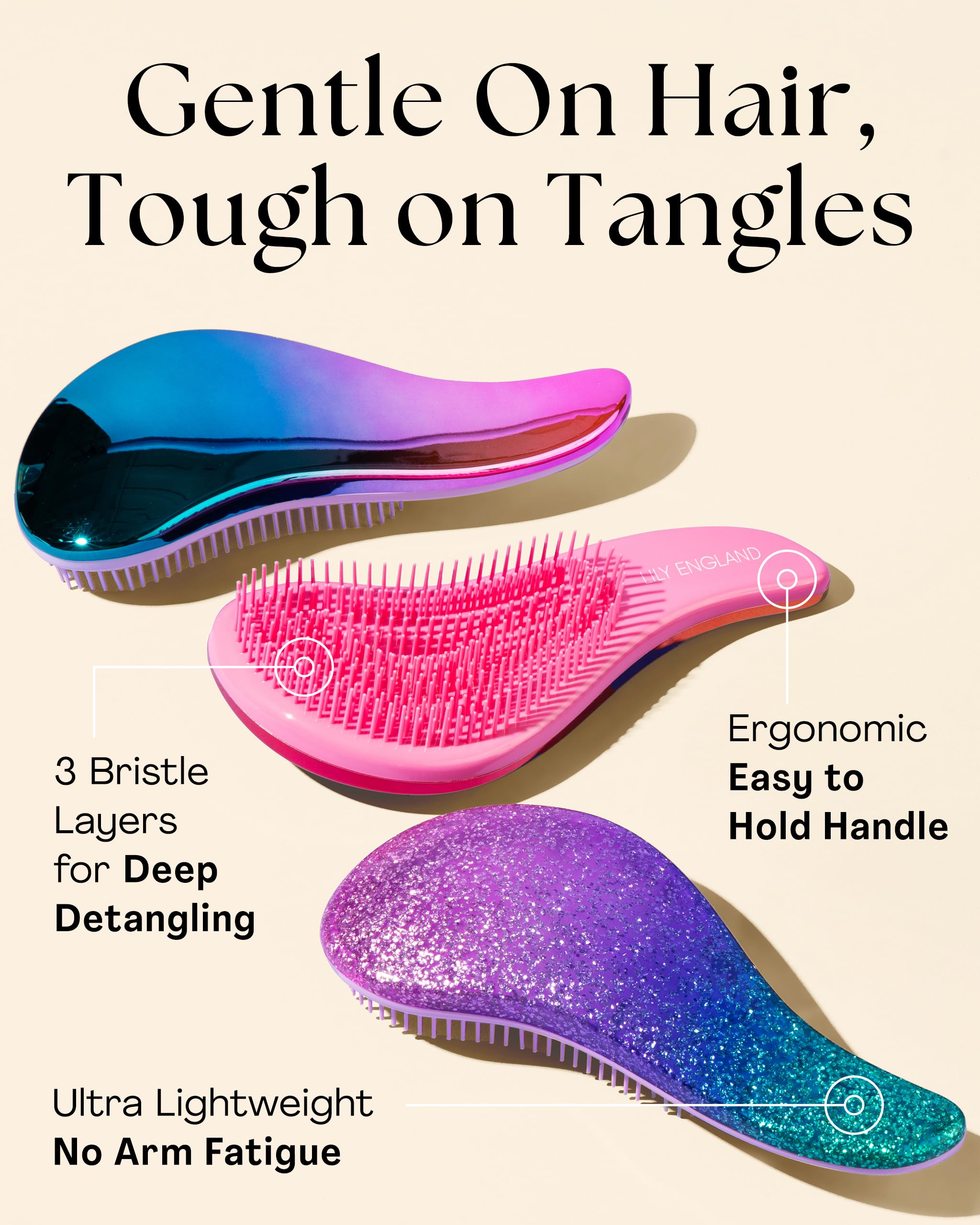 Lily England detangler brush ergonomic handle purple — comfortable grip for precise styling