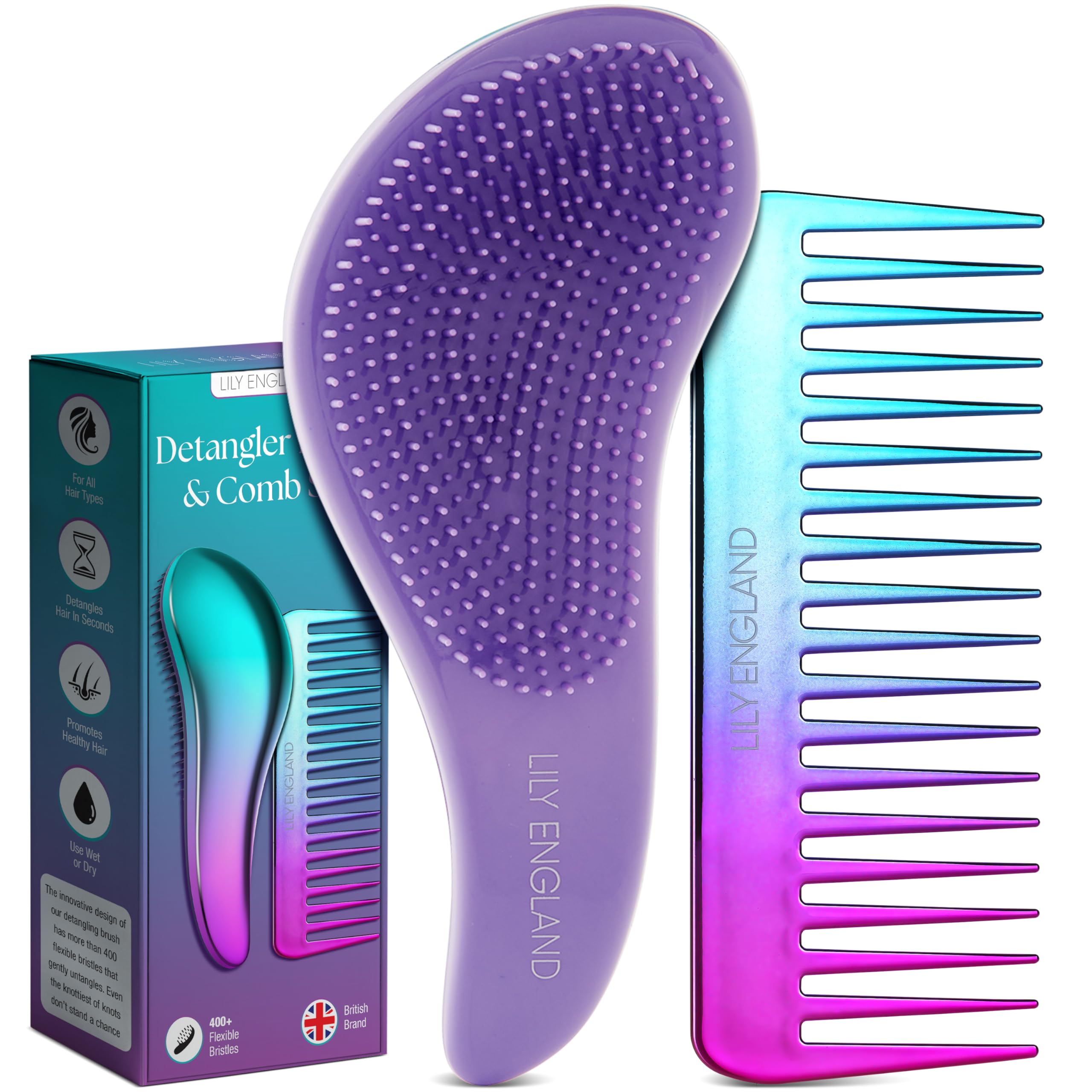 Lily England detangler brush set purple — smooth knot-free glide for all hair types