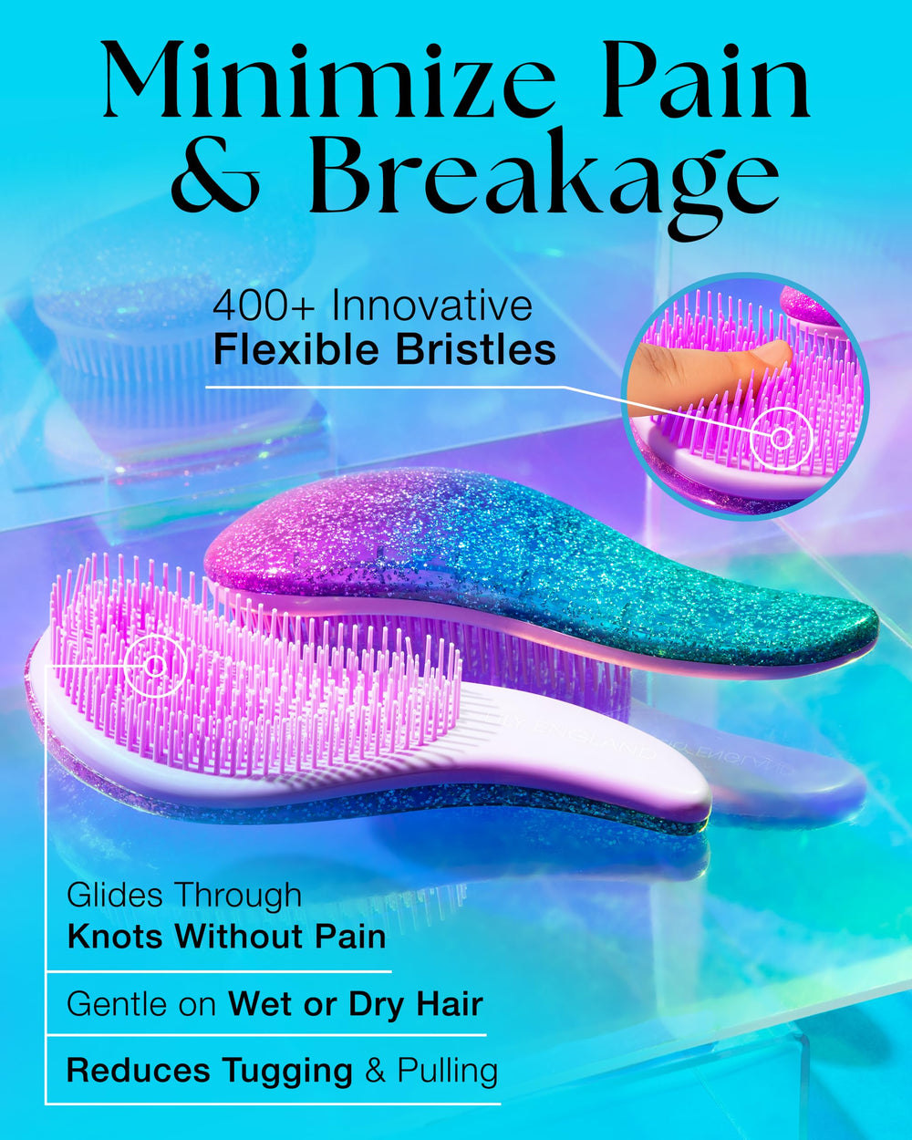 Lily England Detangler Brush used on wet hair for smooth detangling.
