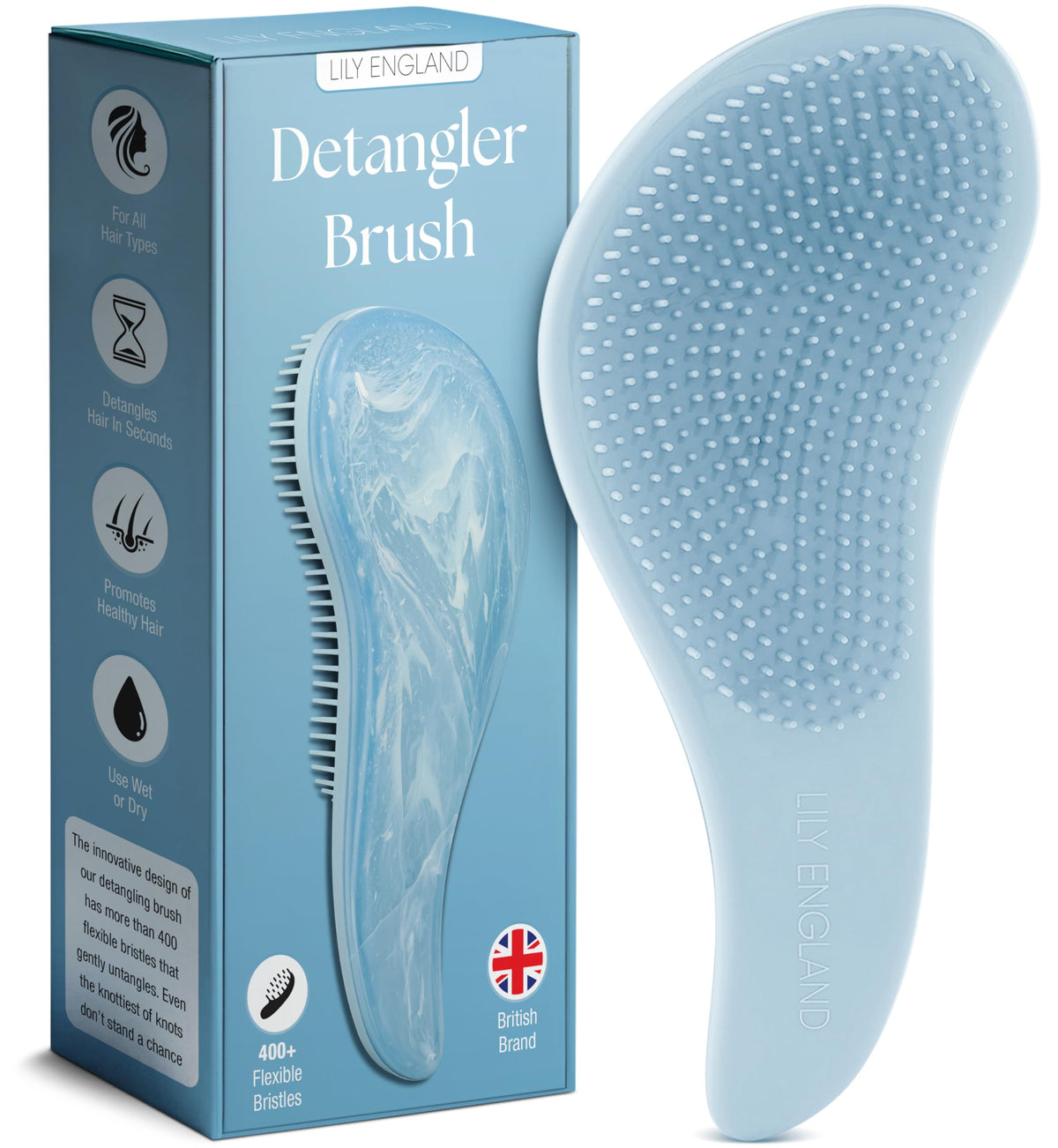 Lily England Detangler Hair Brush sky-blue, flexible bristles for painless detangling.