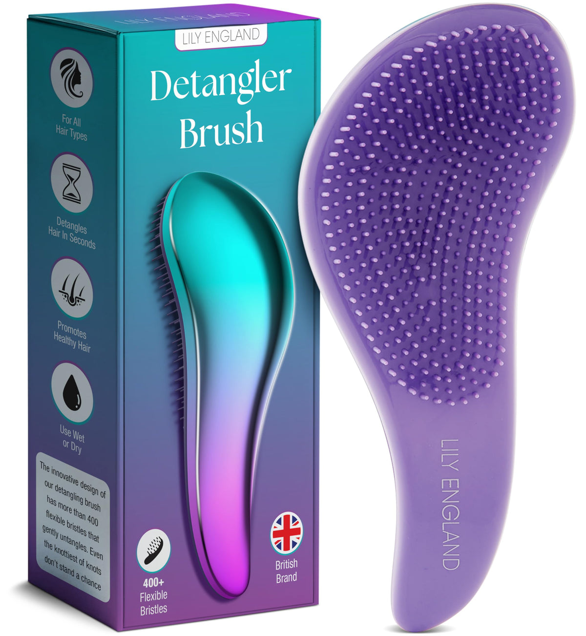 Lily England Detangler Ombre hairbrush closeup shows smooth detangling and ergonomic grip
