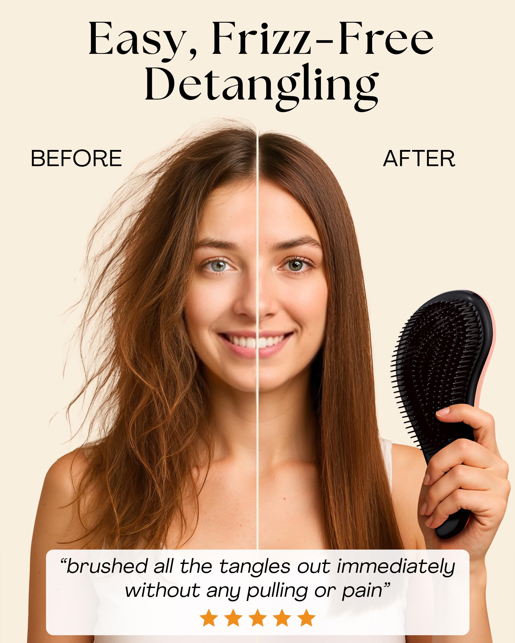 Lily England detangler brush with ergonomic handle enables comfortable control during wet or dry brushing.