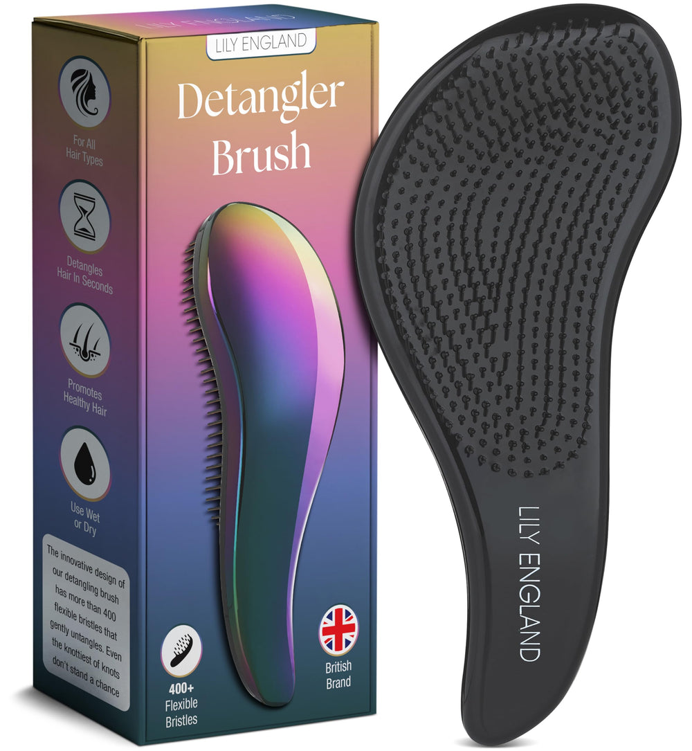 Lily England hair brush detangler with flexible bristles delivers painless knot release.