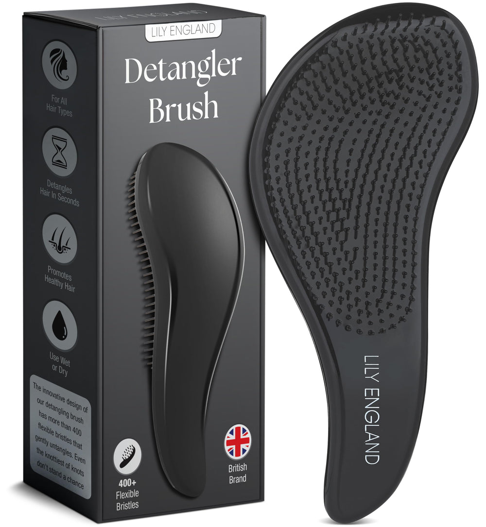 Lily England hair brush front view with black handle offering smooth detangling and control.