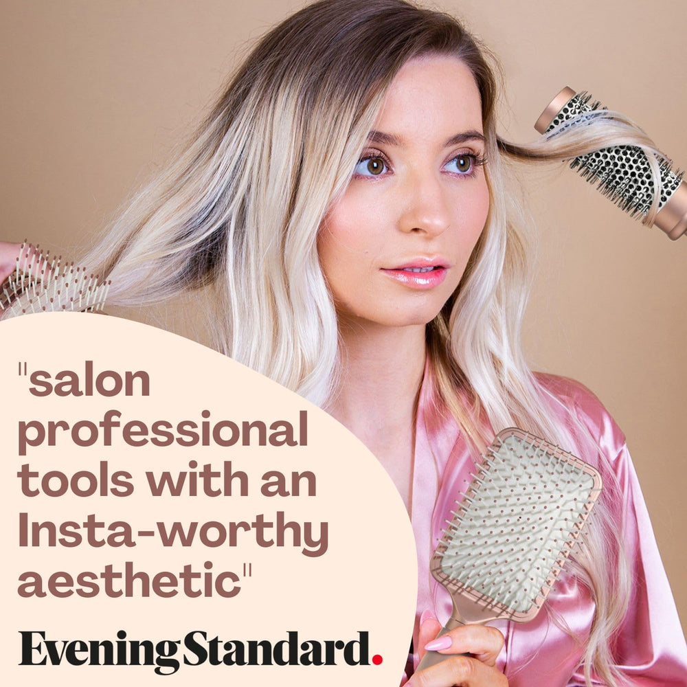 Lily England matte rose-gold finish on brushes conveys premium styling aesthetics.