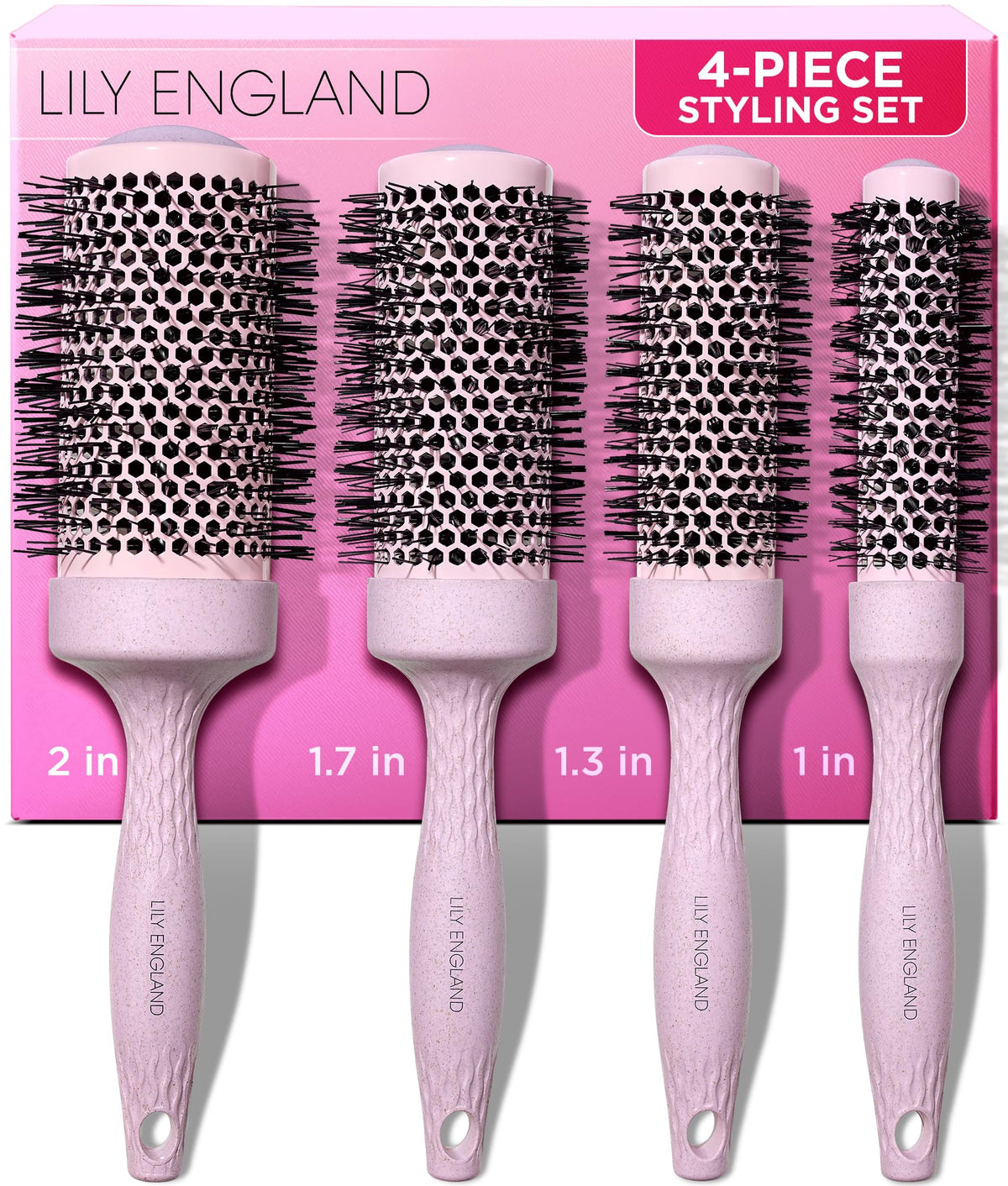 Lily England round blow dry brush set in pink gift box, ideal for gifting and pampering