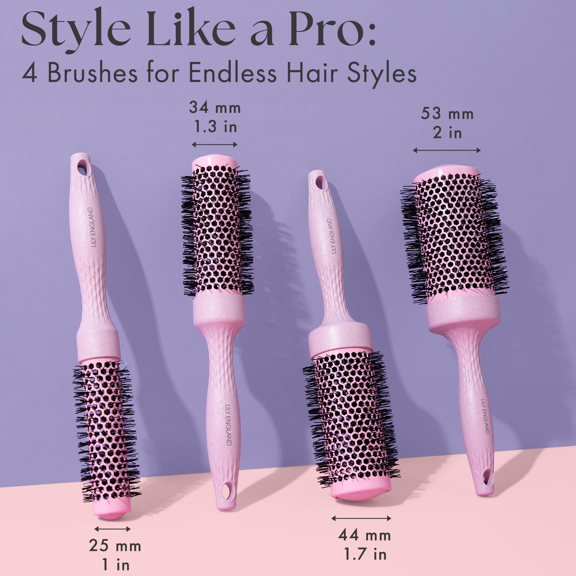 Lily England brush bristles with ceramic core for even heat distribution