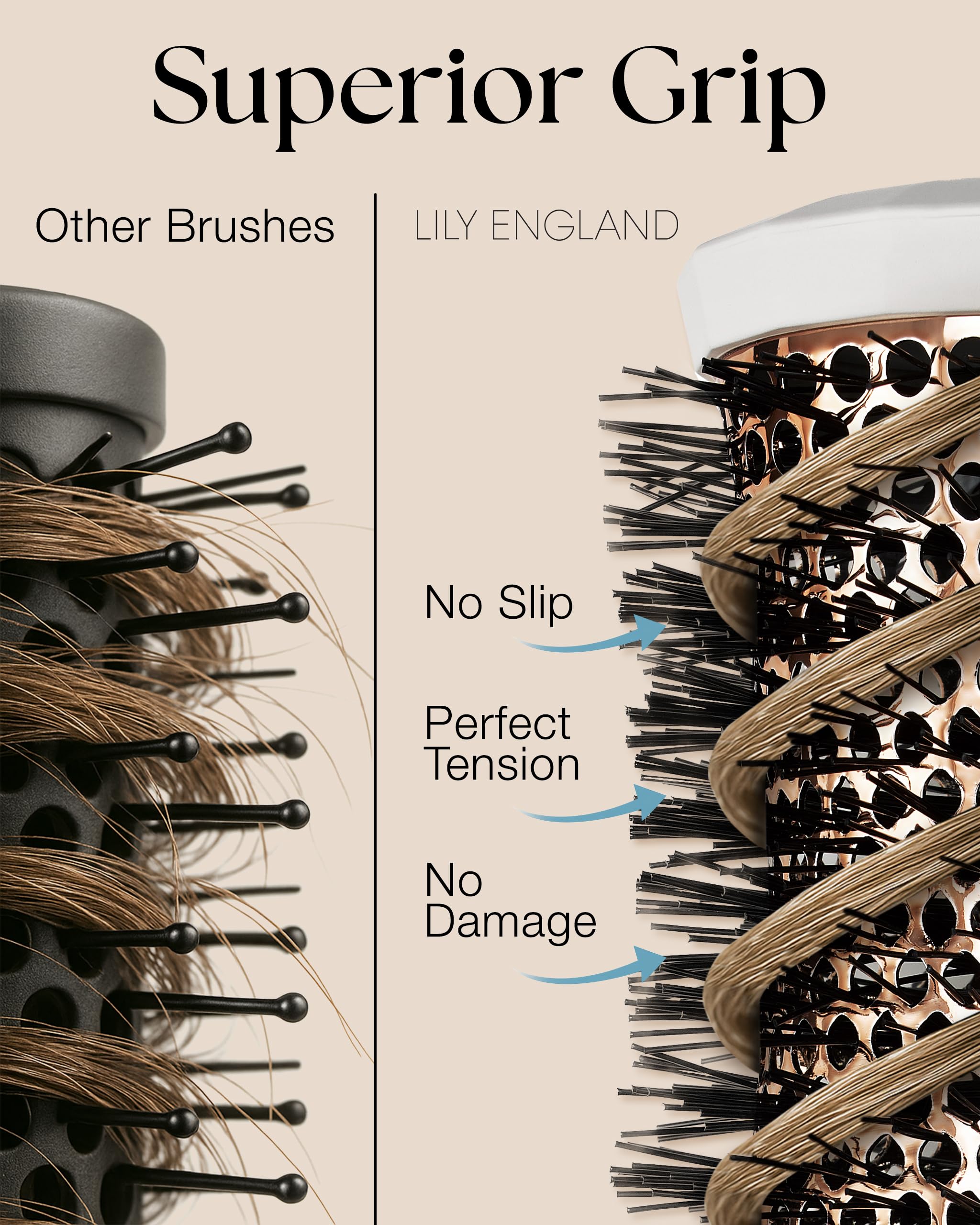 Lily England Round Brush Set tail comb enables precise sectioning for even results