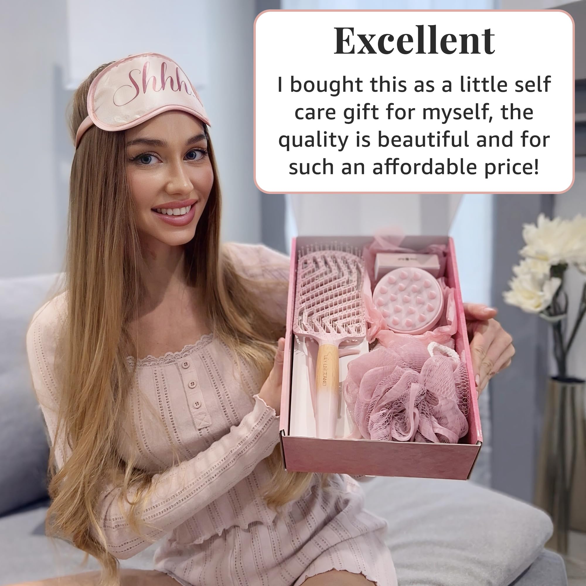 Lily England spa headband keeps hair back during a relaxing routine.