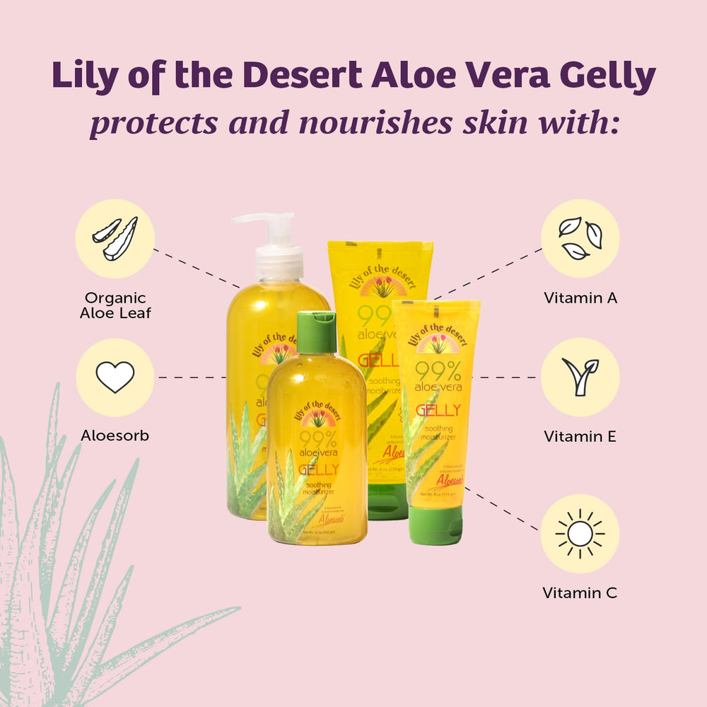 Lily Of The Desert Gelly Moisturizer closeup reveals translucent gel with vitamins for nourishment.