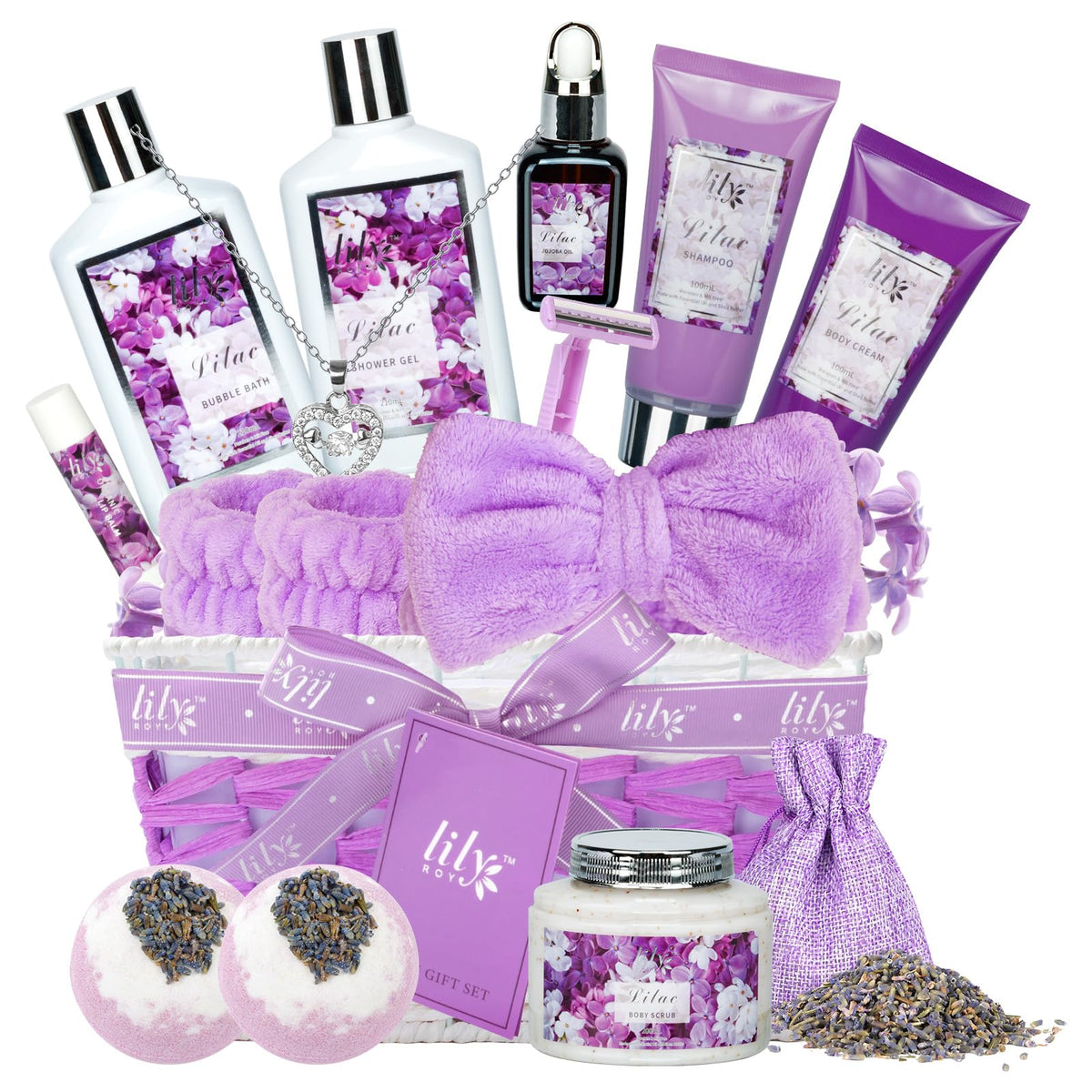 LILY ROY 17-piece gift basket closeup showing premium spa items for home pampering