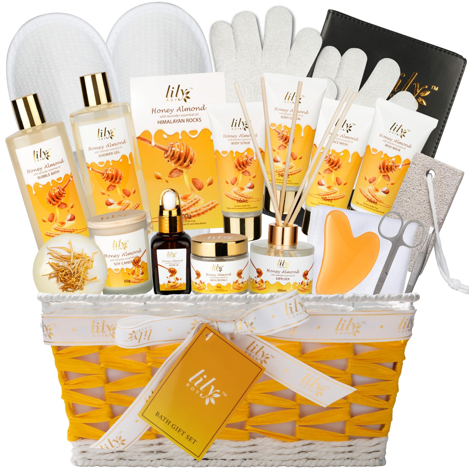 LILY ROY 21pc bath gift basket display for a luxurious at-home spa experience