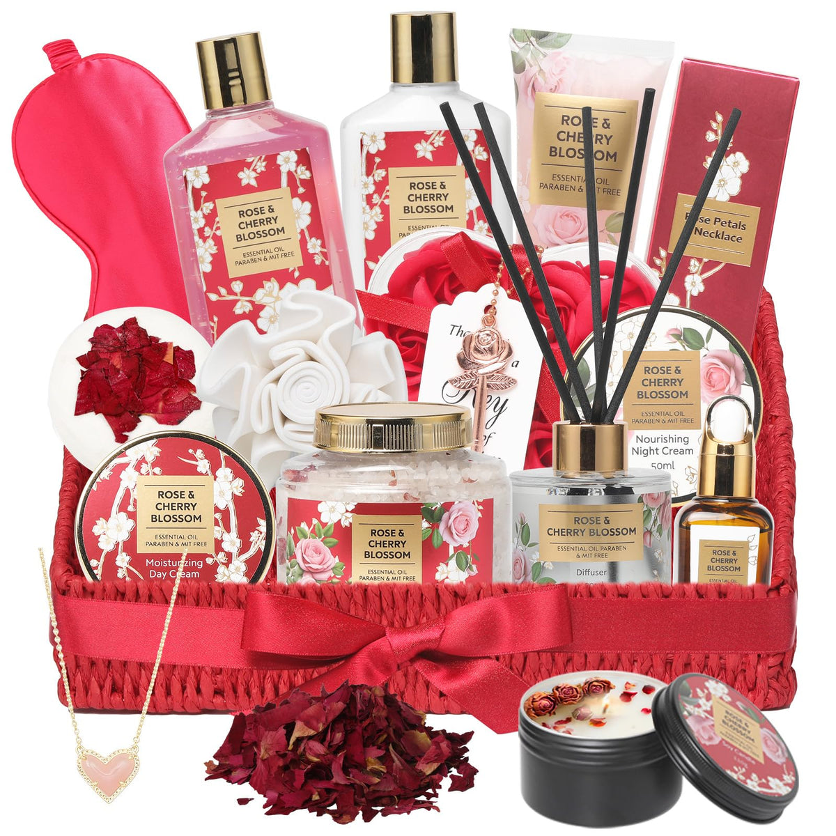 LILY ROY 25pcs spa gift basket with necklace shows a luxurious gift-ready presentation.