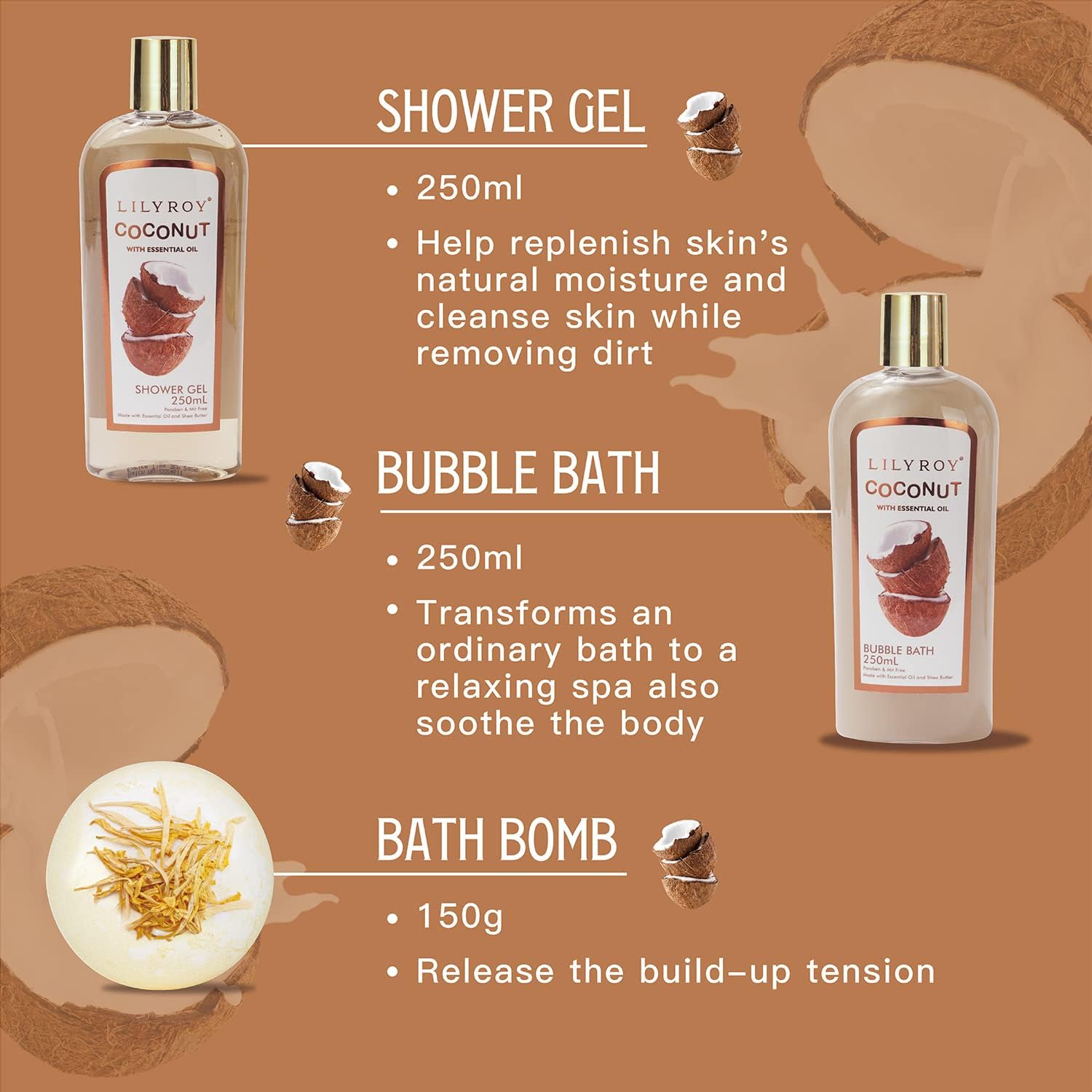 LILY ROY 8pc bath set bath oil adds silky hydration for a soothing ritual.