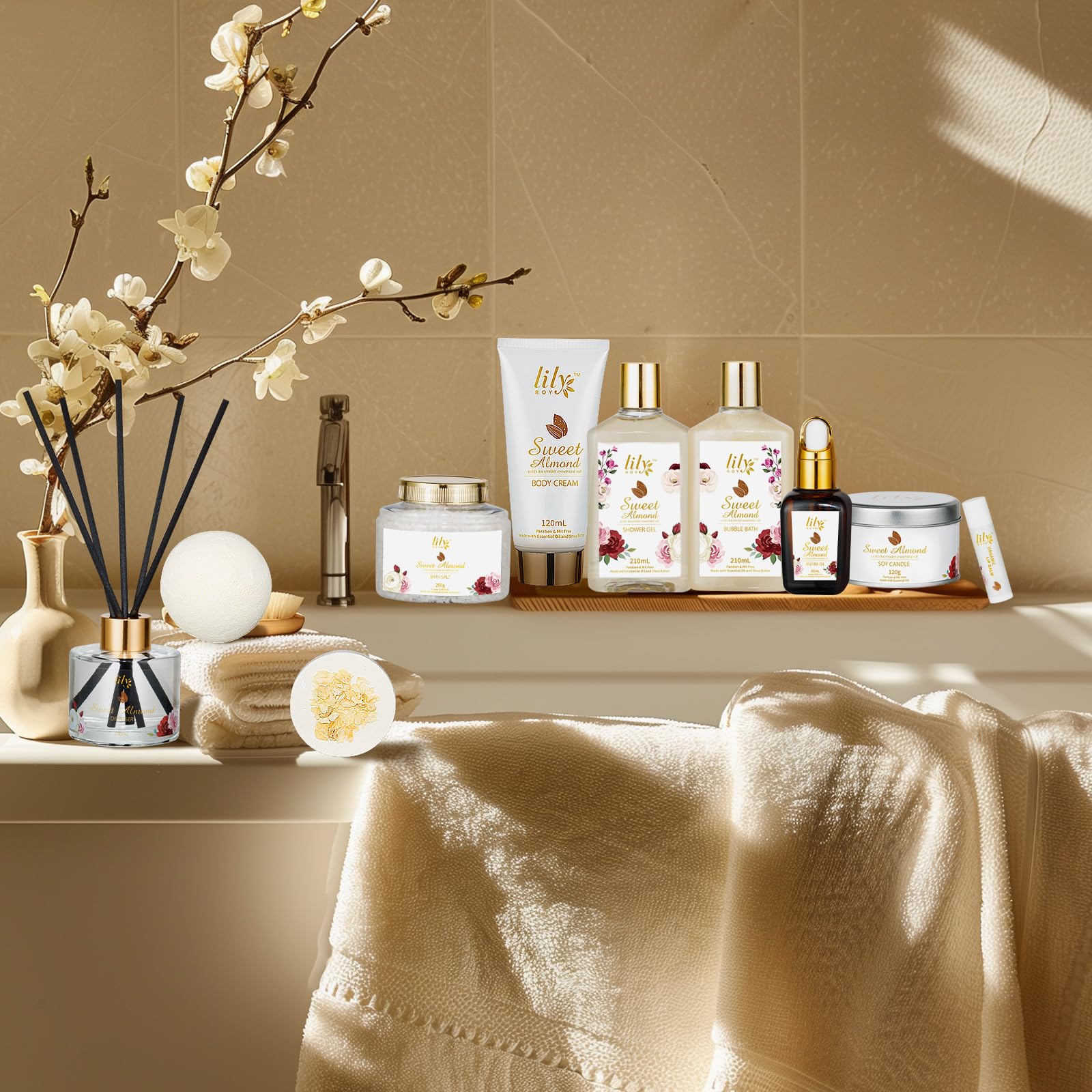 LILY ROY bath bubble bath with almond scent enhances a soothing soak.