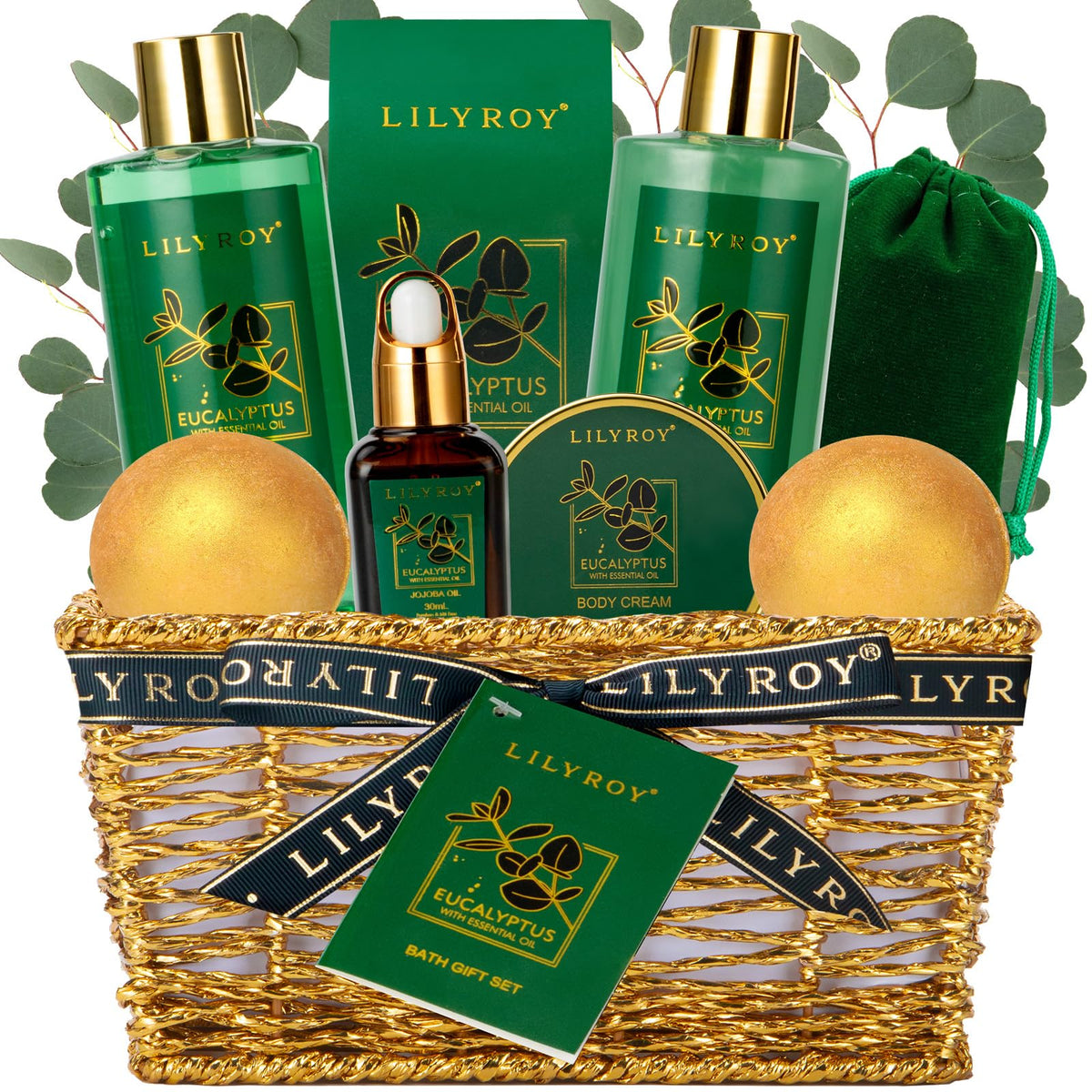 LILY ROY bath gift basket front view for festive gifting.