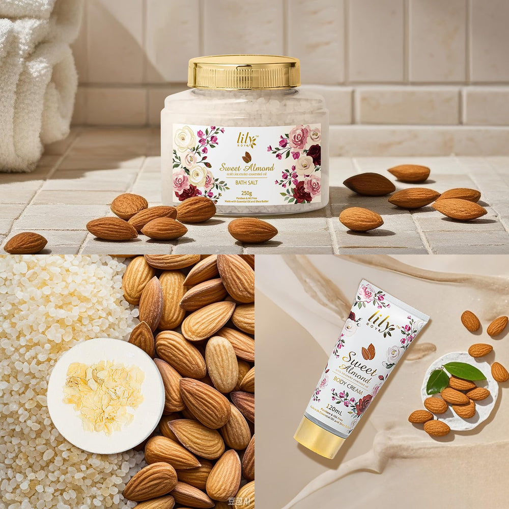 LILY ROY bath salt and bath bomb set promotes relaxing aroma and silky water.